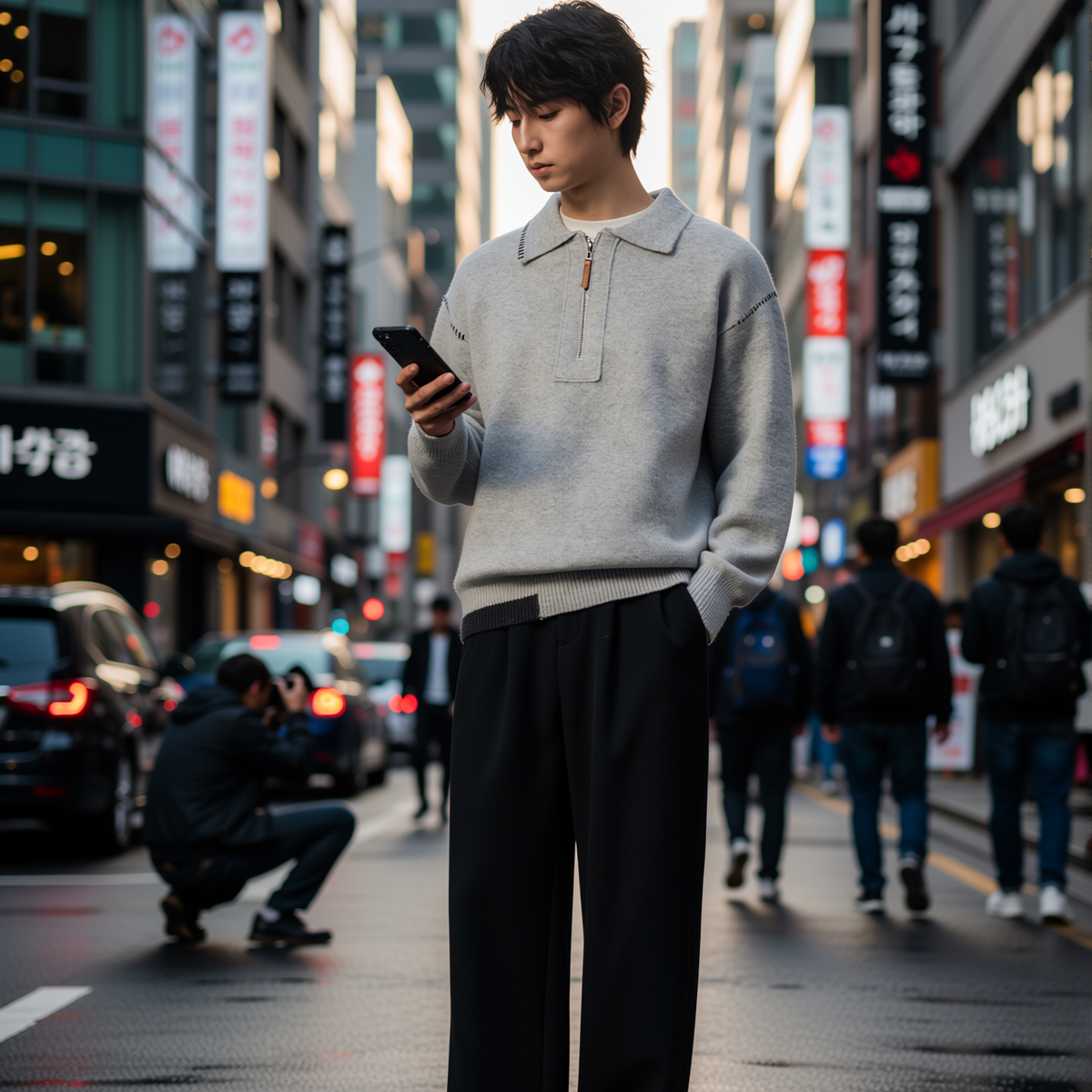 w2x秋冬季羊毛针织衫polo领假两件男士上衣保暖毛衣半拉链加厚款