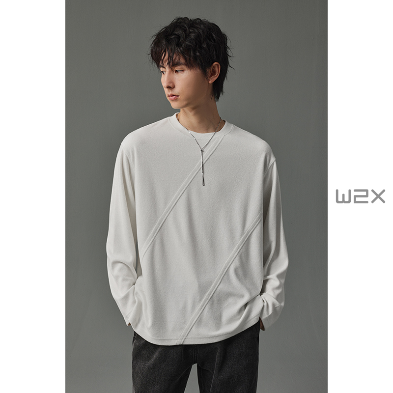 毛巾布风格斜纹拼接长袖T恤男