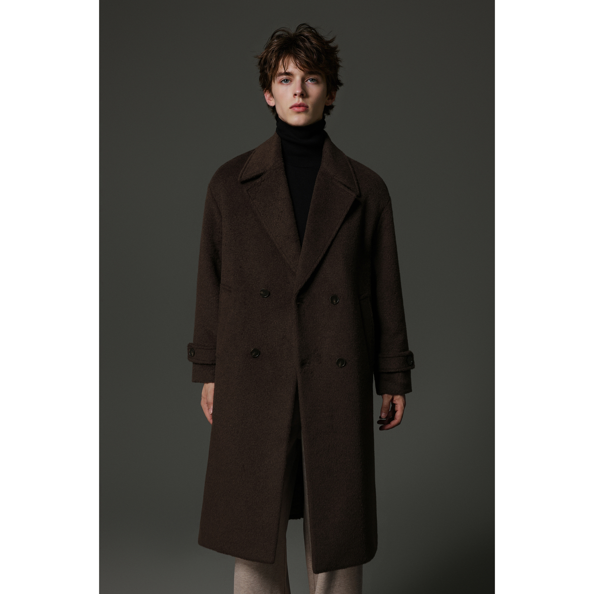 W2X新款韩版男士冬季羊毛牛角扣风衣中长款双面呢毛呢大衣外套