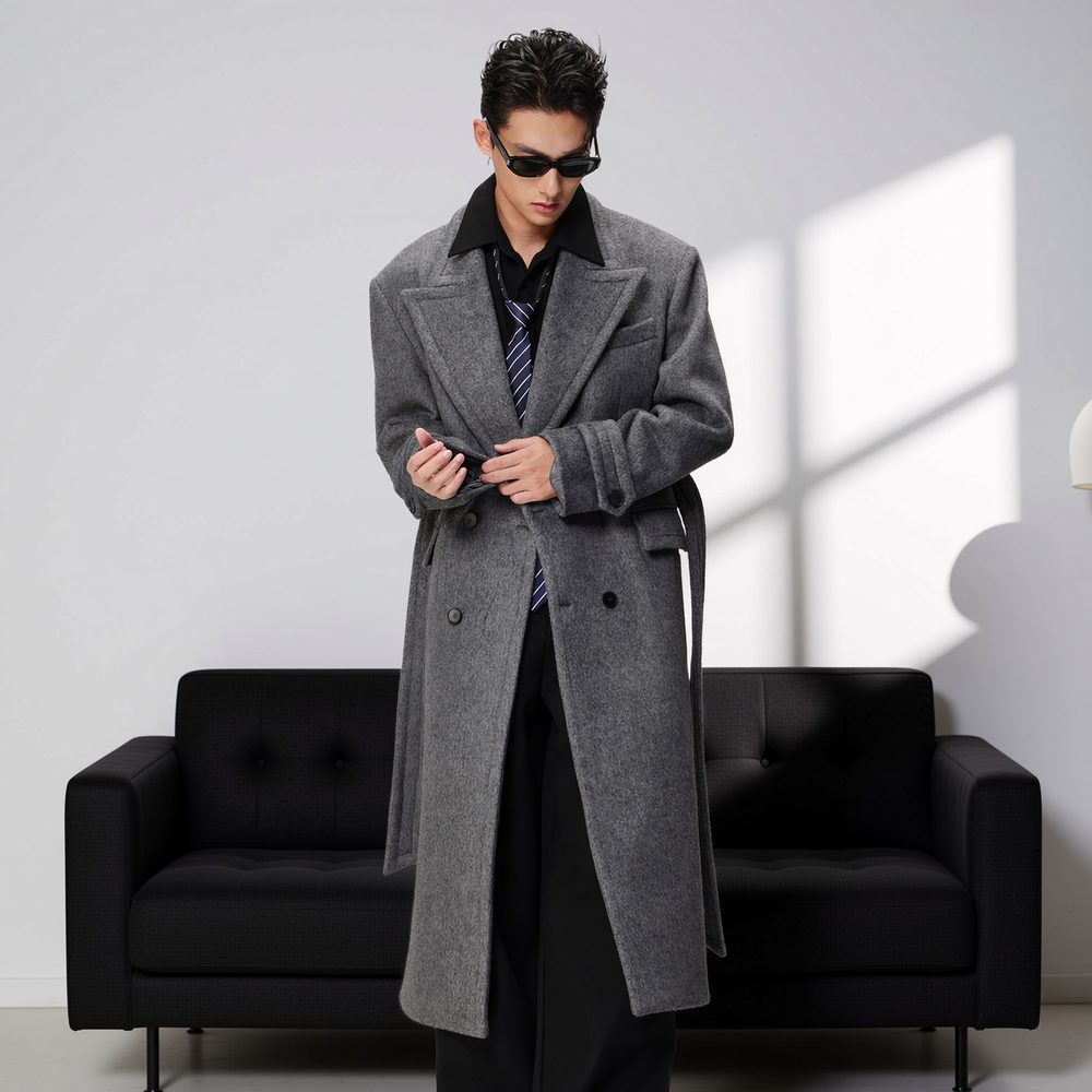 w2x英式秋冬季毛呢外套加厚款保暖中长款风衣单面呢大衣男士冬装