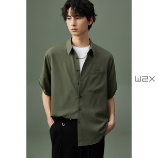 男口袋设计感工装 w2x2023夏季 衬衫 垂坠感短袖 衬衣休闲寸衣潮 薄款