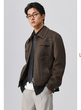 w2xw2x秋冬季明辑线斜纹翻领短款夹克男痞帅设计感休闲外套上衣潮