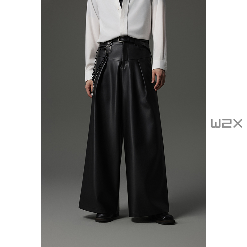 PU皮糯软半松紧大脚口阔腿休闲裤