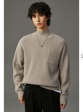 w2x2023冬季新款设计感高领毛衣男百搭青年针织衫廓形休闲上衣潮