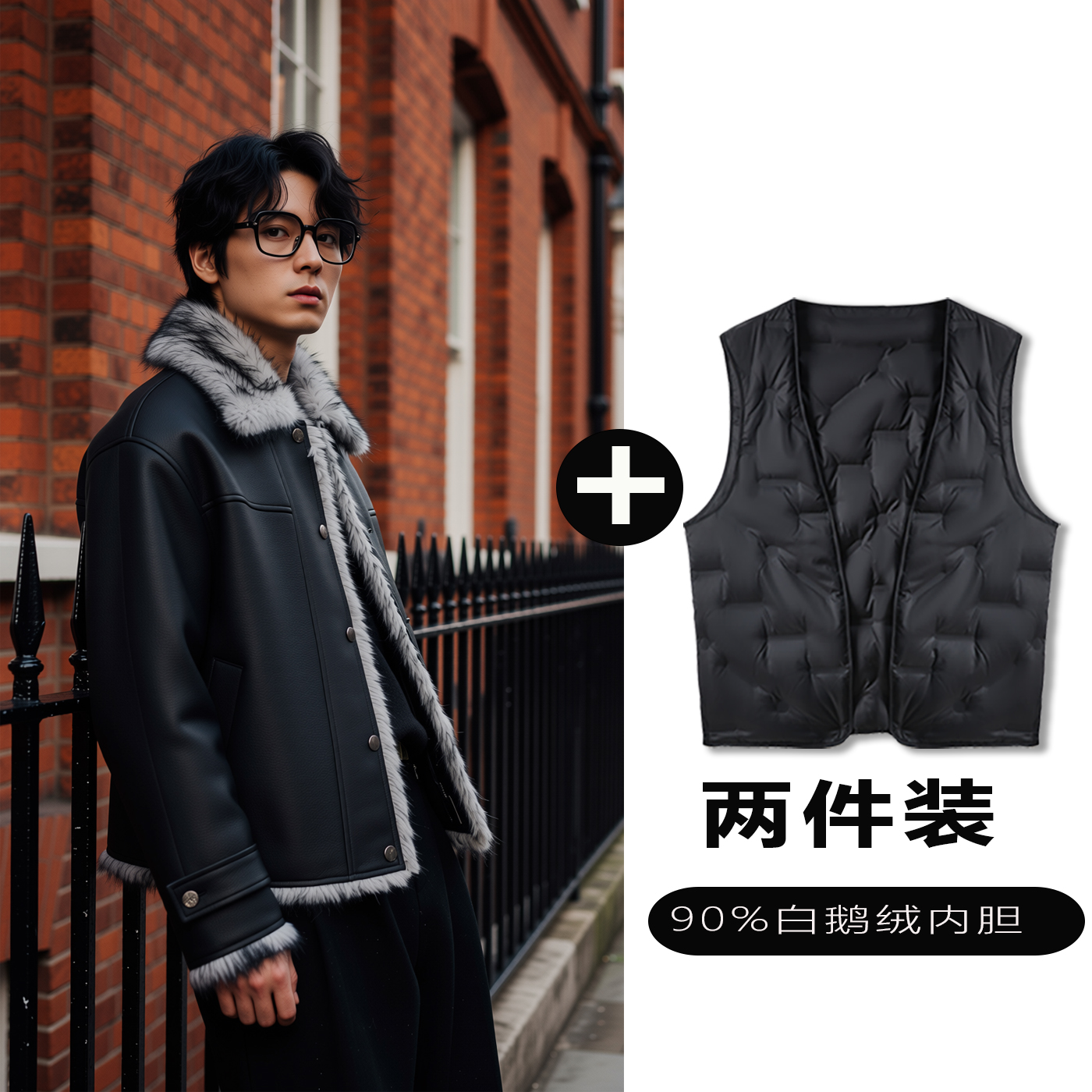 w2xPU皮夹克可选90白鹅羽绒服内胆秋冬美式复古加绒加厚皮衣外套