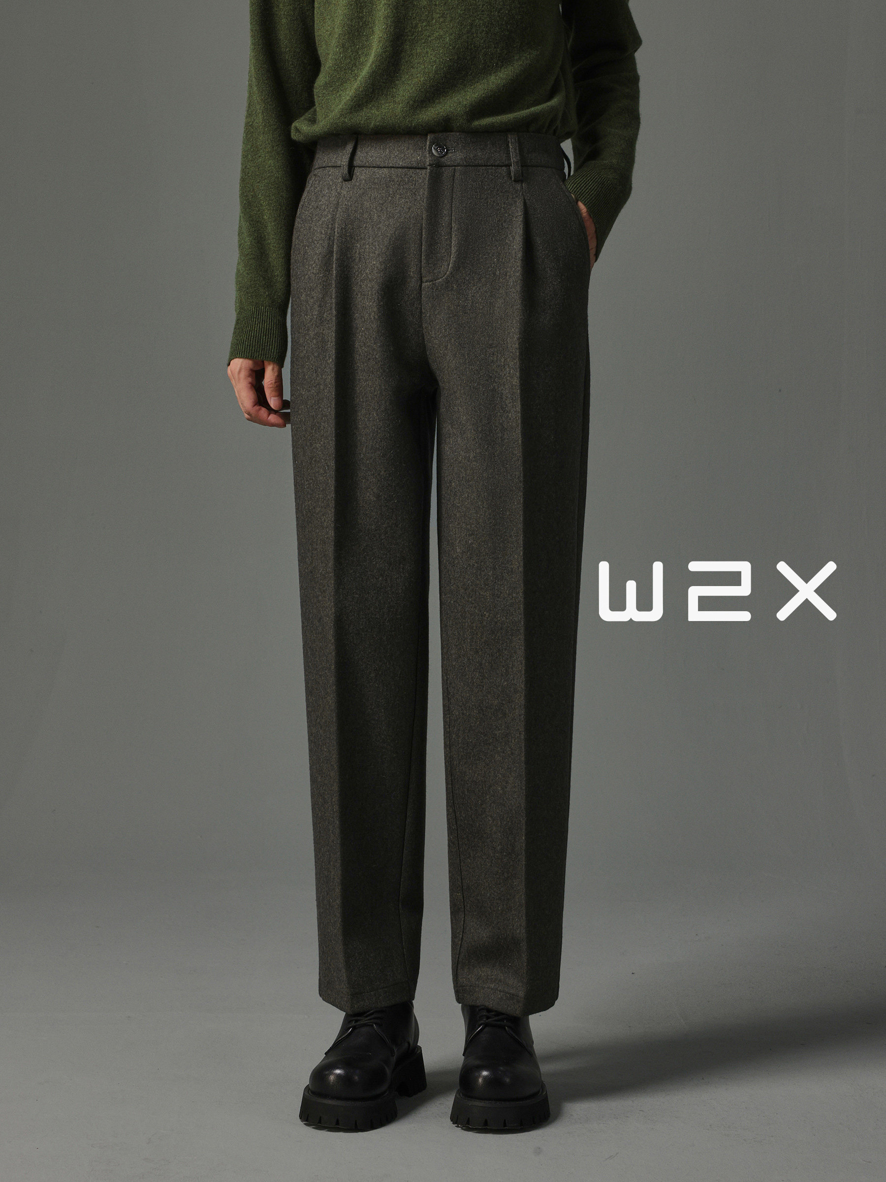 w2x冬季羊毛呢休闲裤男直筒宽松男裤子加厚款垂坠感青年西裤长裤