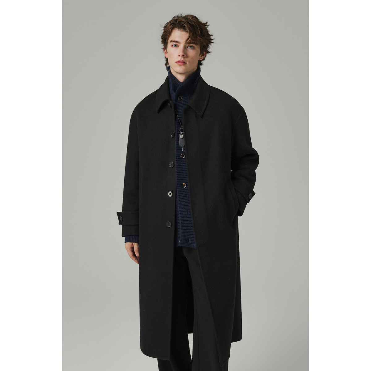 w2x翻领简约羊毛呢大衣加厚双面呢外套秋冬季男装中长款风衣百搭