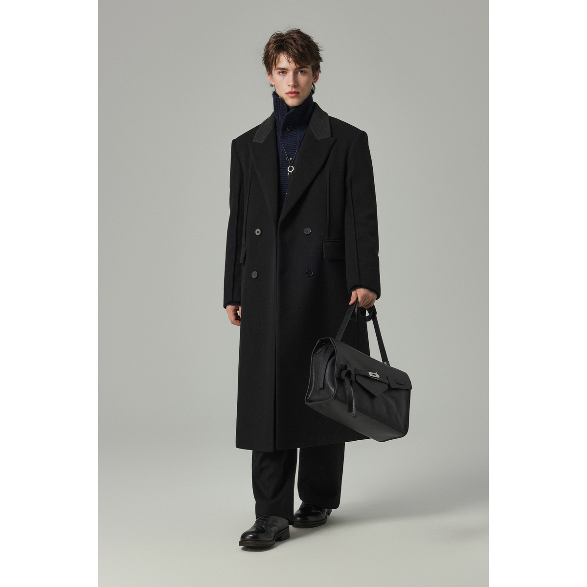 w2x冬季男士毛呢大衣外套设计感西装加厚风衣过膝高级感男装时尚