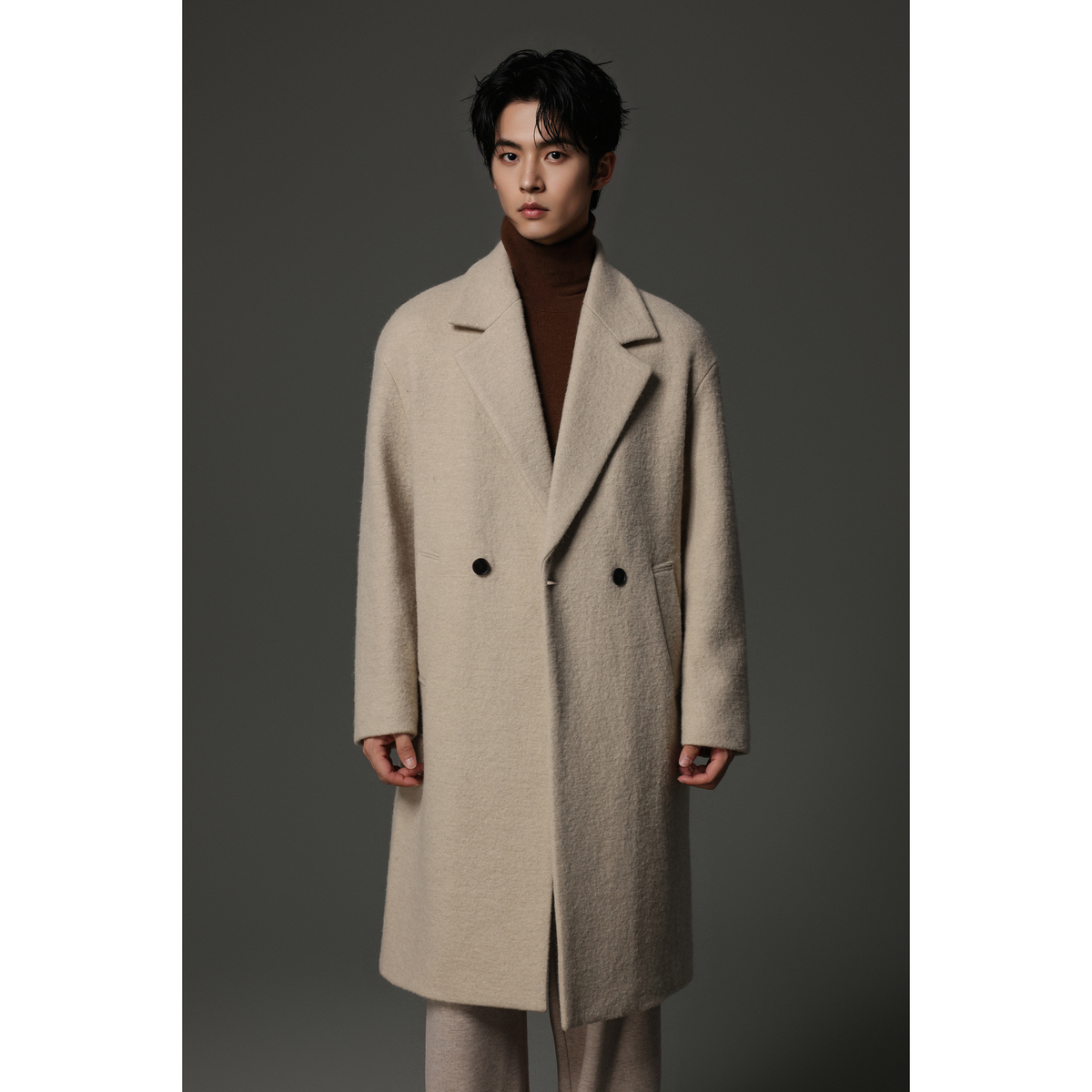 w2x2025 新款男士冬款羊毛双面呢大衣风衣外套 中长款英伦风呢子