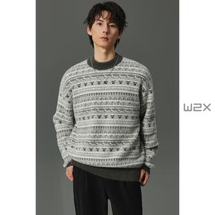 w2x2025秋冬季新款仿貂绒圆领横纹提花加厚羽毛纱针织衫男毛衣潮