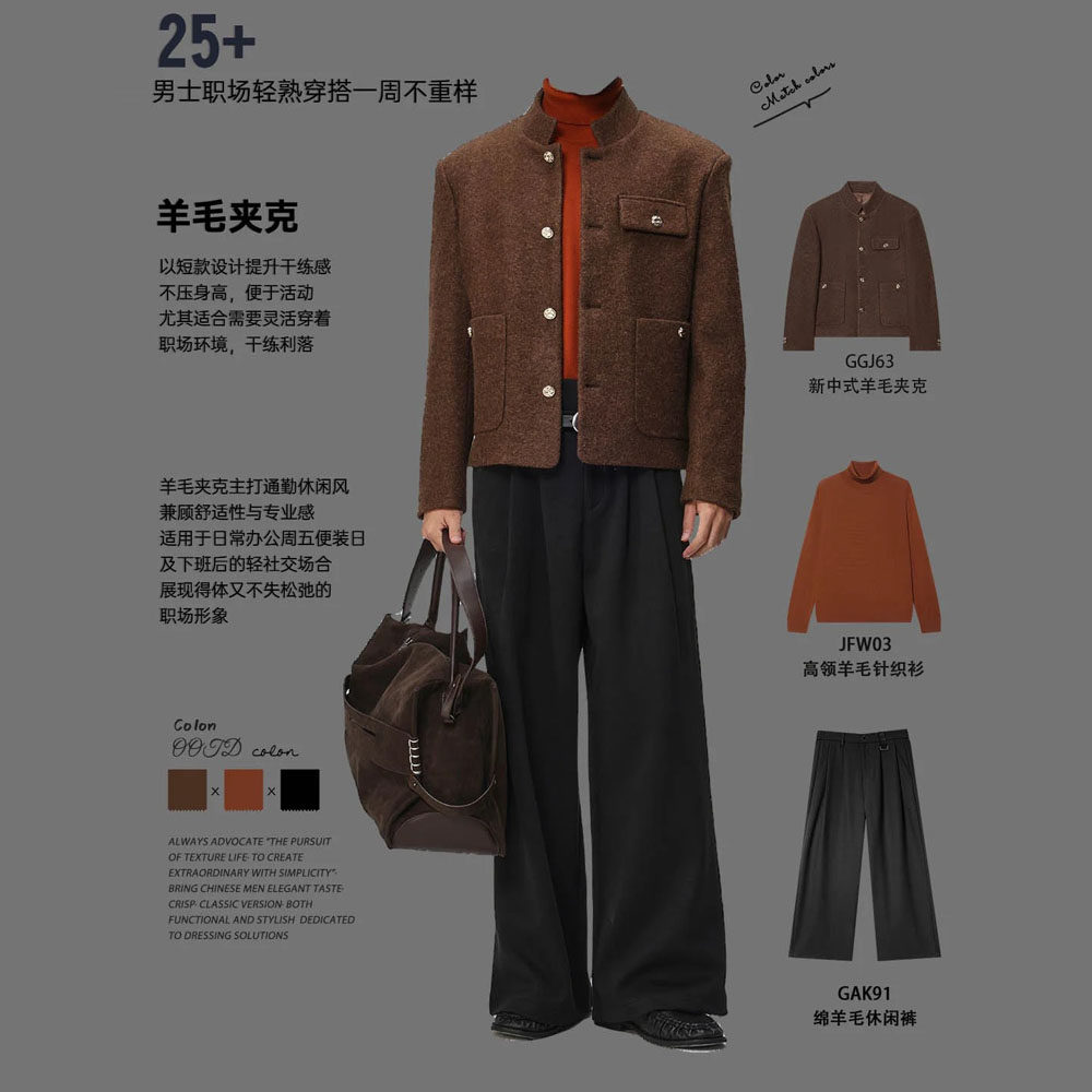 w2x男士小香风夹克外套短款秋冬季加厚羊驼毛青年男装羊毛呢冬装