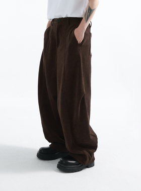 「GRNL」垂坠定律 重磅450克欧绒棉咖色压褶弧线灯芯绒阔腿裤男女