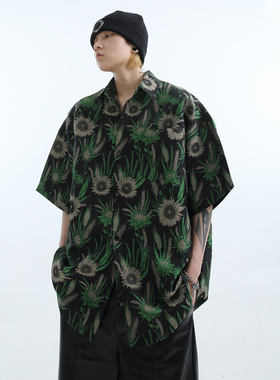 「GRNL」原创设计 狗尾巴草提花高级绿衬衫 男女宽松廓形短袖衬衣