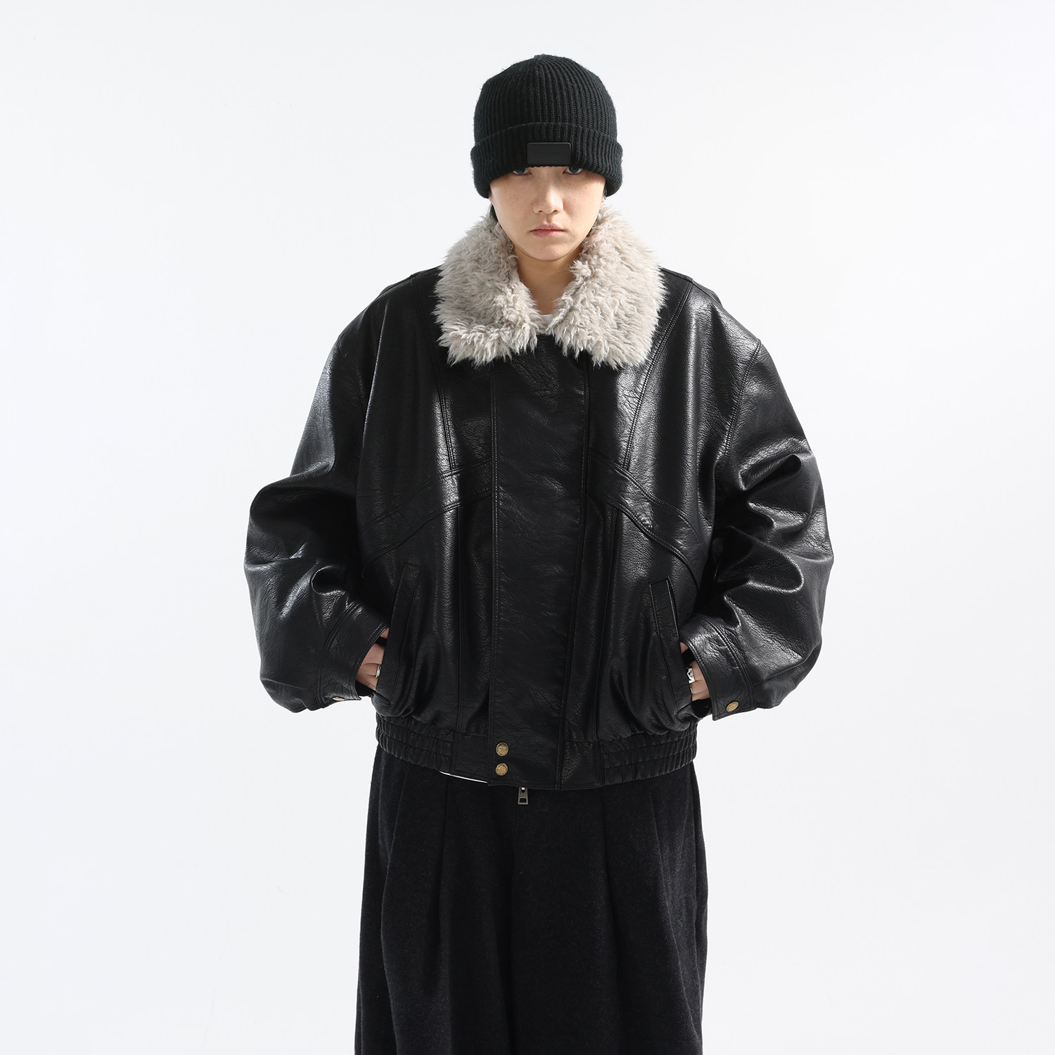 羊绒棉拼接荔枝PU皮棉衣夹克外套