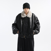 GRNL 冬日复调 御寒羊绒棉毛领拼接荔枝纹肌理PU皮夹克棉衣外套