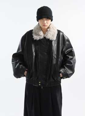 新品限时85折 冬日复调 御寒羊绒棉拼接荔枝PU皮棉衣夹克外套