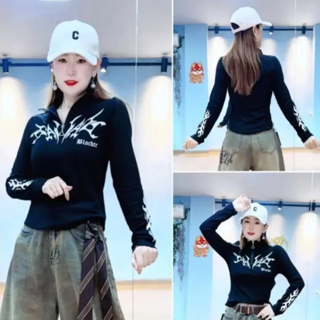 秋冬新款广场舞服装长袖上衣女士加绒款运动休闲健身服印花T恤