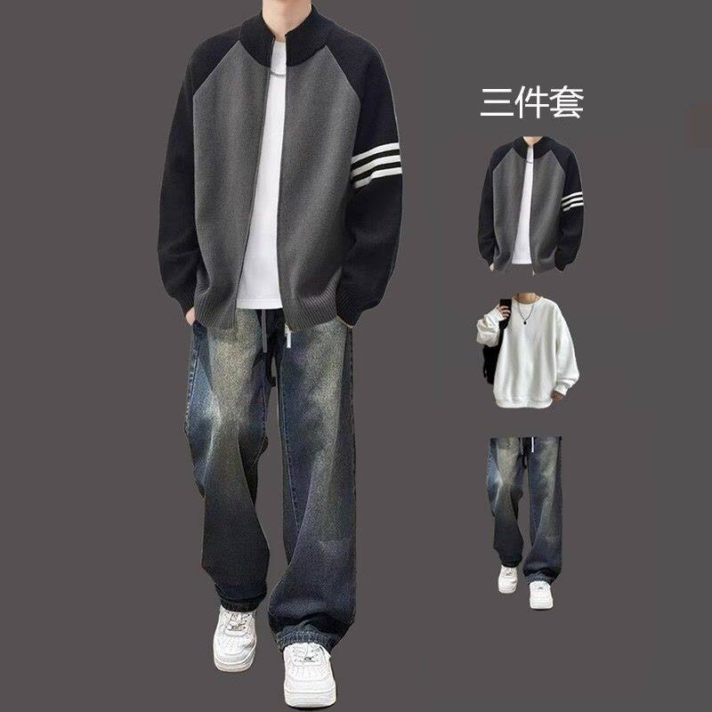 撞色针织开衫男款套装冬季美式复古情侣款毛衣拉链设计宽松外套潮