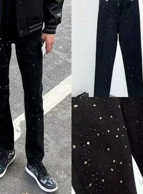 苏六同款烫钻满天星牛仔裤男春秋新款超火ins精神小伙直筒修身裤