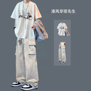 新款短袖t恤男生夏季宽松休闲运动套装青少年潮流冰丝裤一套搭配