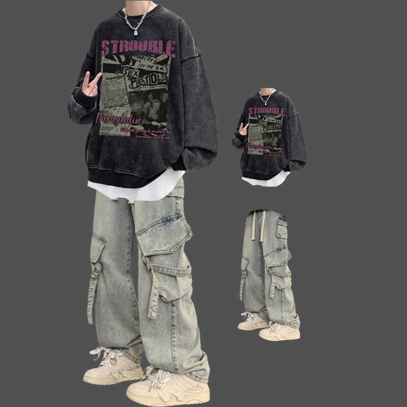 青少年黑暗系炸街一套穿搭美式复古水洗卫衣搭配牛仔裤潮牌两件套