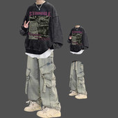 青少年黑暗系炸街一套穿搭美式 复古水洗卫衣搭配牛仔裤 潮牌两件套