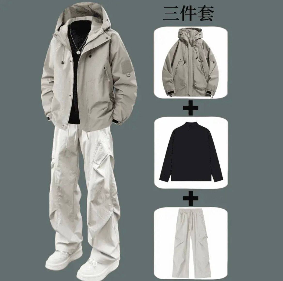 春秋冲锋衣外套男套装户外防风连帽夹克搭配休闲工装裤男生三件套