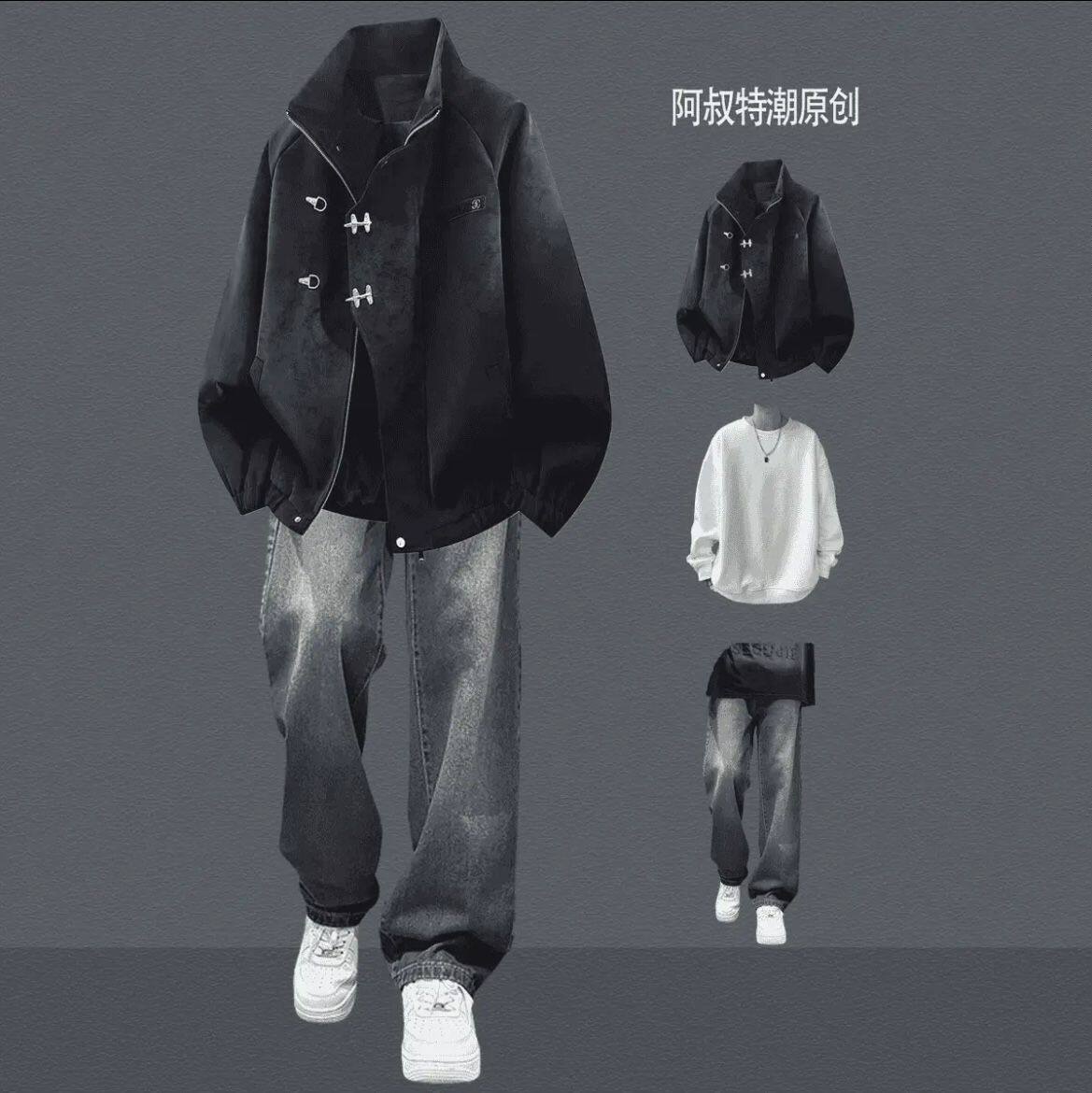 秋冬美式皮衣外套男士套装新款美拉德潮牌男生痞帅夹克一整套穿搭