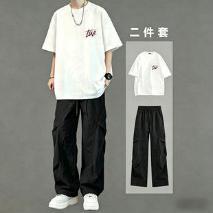 潮流短袖t恤男生酷帅穿搭夏季休闲运动服套装青少年男装一套搭配