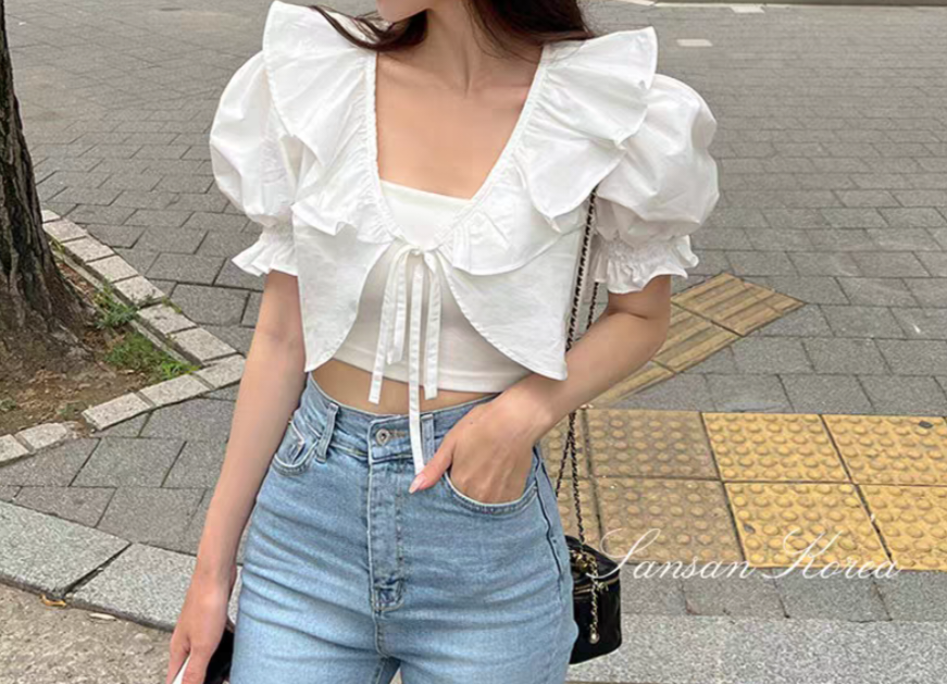 0931-现货秒发 韩国东大门VIRKIN 荷叶花边领 系带泡泡袖短袖上衣