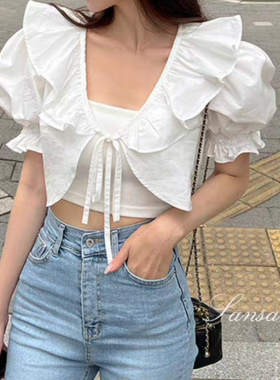 0931-现货秒发 韩国东大门VIRKIN 荷叶花边领 系带泡泡袖短袖上衣