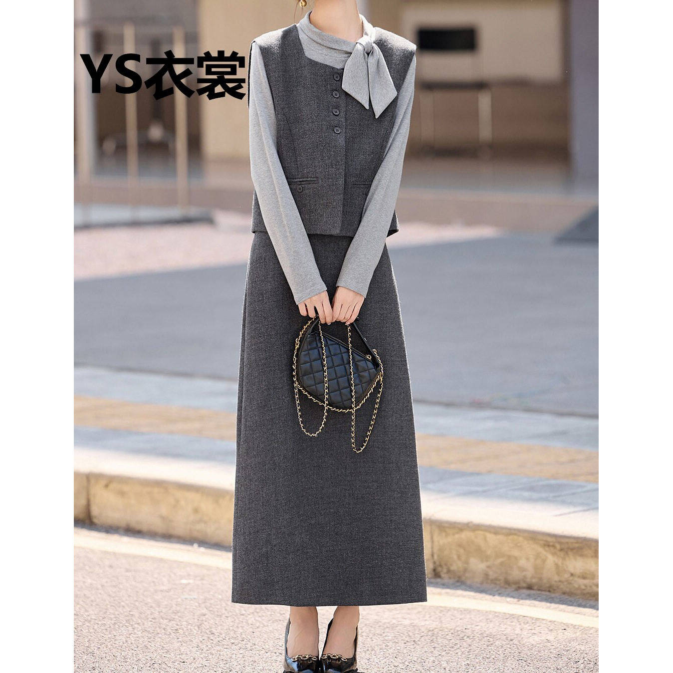 小香风高端套装女2026春秋新款灰色显瘦气质减龄马甲半身裙三件套