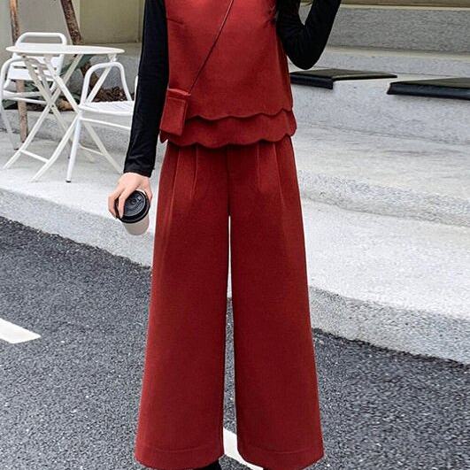 设计感红色毛呢马甲阔腿裤套装女2026春秋季新款小个子穿搭三件套