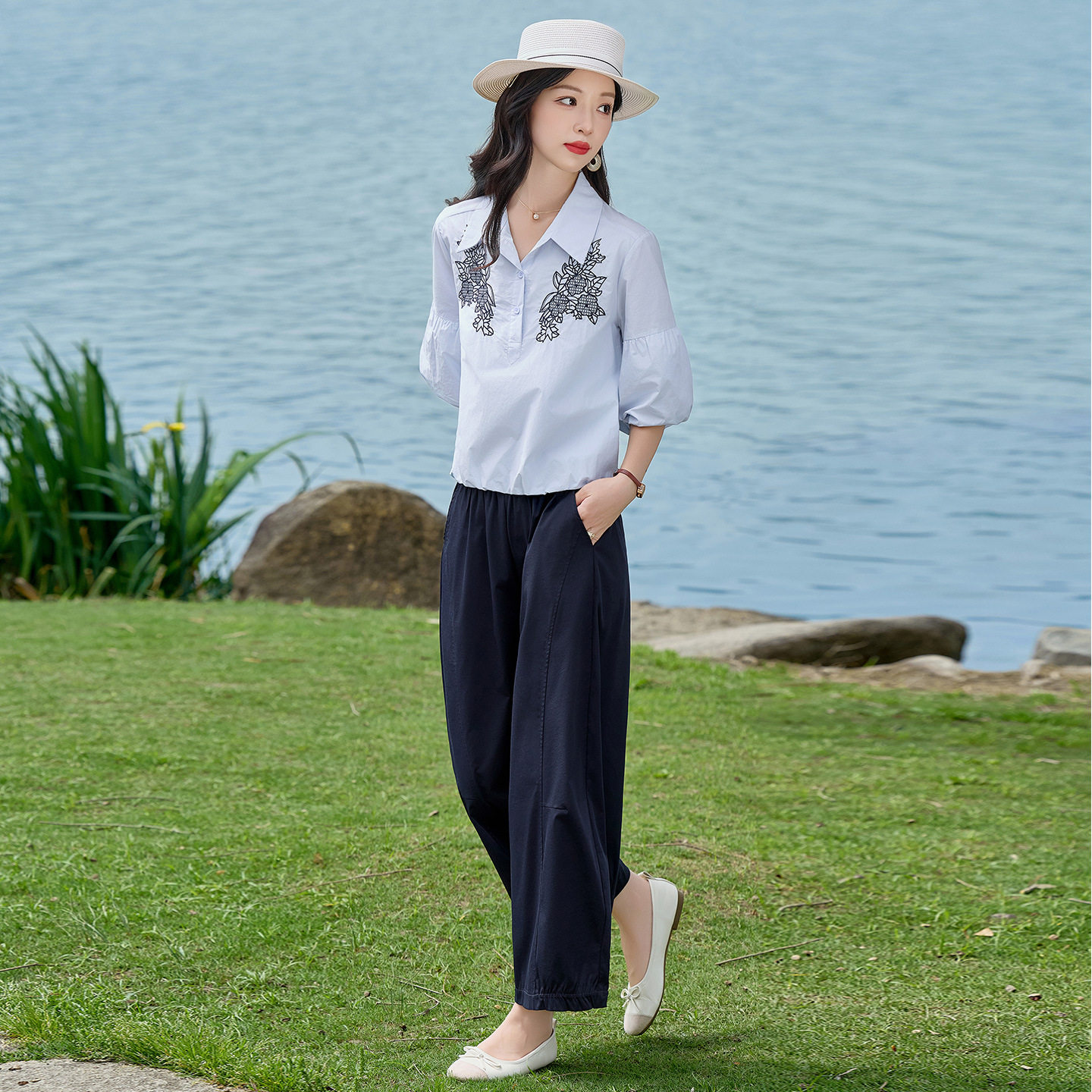 欧货高级感休闲时尚套装女2026夏新款刺绣灯笼袖衬衫阔腿裤两件套