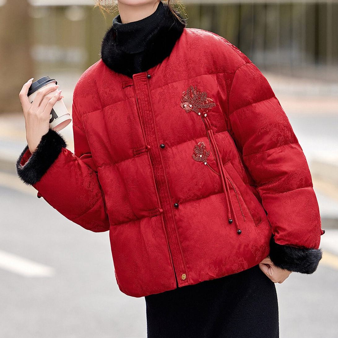 新中式国风羽绒服女款短款红色水貂毛刺绣时尚高级感保暖外套唐装,女装/女士精品,羽绒服,淘宝优惠券,粉丝福利购,淘宝优惠卷