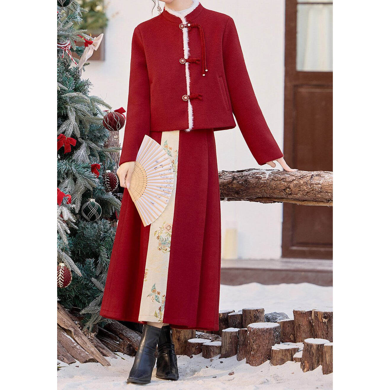 红色新中式国风羽绒内胆半身裙女冬2026新款设计感高腰气质两件套