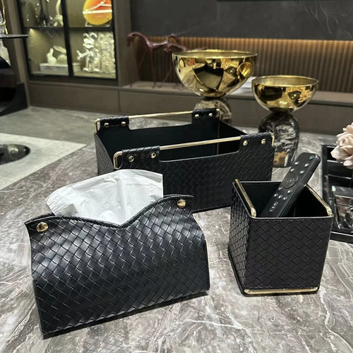 极简轻奢高级感编织纹皮革纸巾盒客厅桌面餐巾纸收纳袋