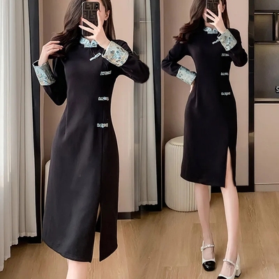 改良旗袍大码300斤女装新中式连衣裙女春秋冬新款修身中长款裙子