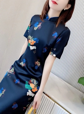 大码300斤女装新中式国风连衣裙气质胖mm复古盘扣印花旗袍裙子夏