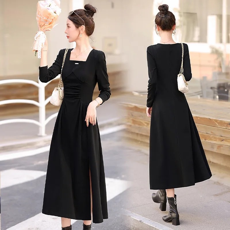 大码女装300斤2025春秋冬新款法式打底中长款裙子收腰显瘦连衣裙