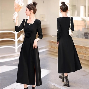 大码女装300斤2025春秋冬新款法式打底中长款裙子收腰显瘦连衣裙