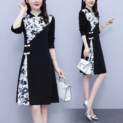 新中式大码300斤女装中长款连衣裙改良旗袍显瘦遮肚拼接胖mm裙子