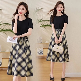 夏季 大码 连衣裙新款 拼接假两件中长款 气质减龄格子裙子 300斤女装