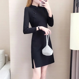 大码300斤女装春秋冬改良旗袍打底连衣裙胖人新中式遮肚加绒裙子