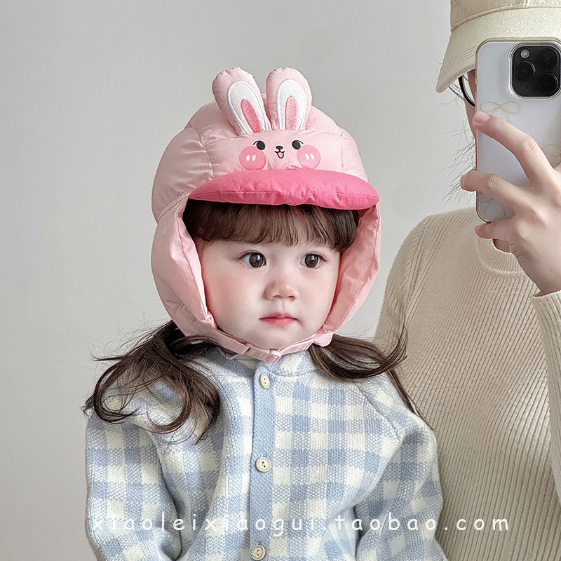 宝宝雷锋帽冬季可爱小兔子婴儿护耳帽保暖加厚夹棉儿童外出防风帽