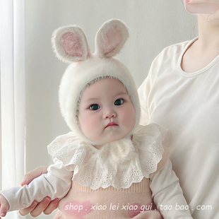 婴儿帽子秋冬季 可爱小兔子宝宝毛线帽小月龄包头帽女童保暖护耳帽