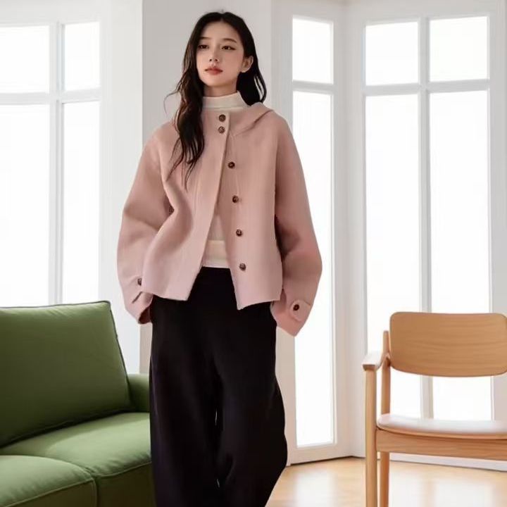 超温柔粉色连帽双面呢羊毛大衣