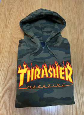 【限定】Thrasher Camo 美版迷彩火焰加绒帽衫男女同款情侣