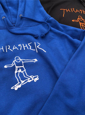 Thrasher Gonz 美版 滑板小人插画火焰加绒卫衣帽衫男女同款情侣
