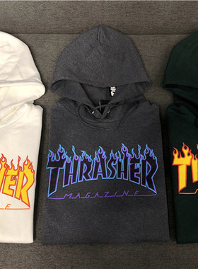 【超多配色】Thrasher 美版 火焰Logo印花加绒连帽卫衣帽衫情侣款